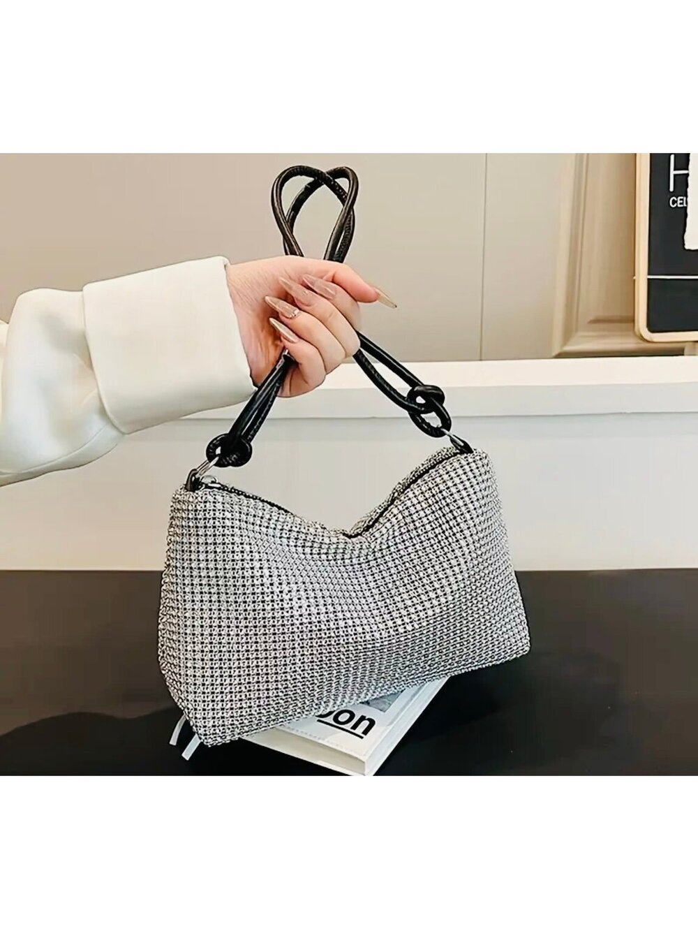 New - Chic - Rhinestone Embellished Evening Bag - Silver /Black
